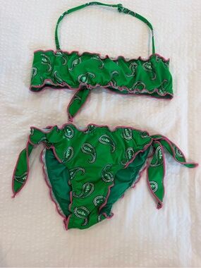 Green Paisley Kids Bikini Set with Pink Trim
